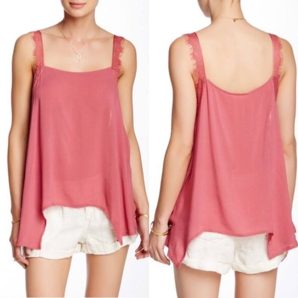 Free People Pink Dobby Dot Lace Trim Pink Cami